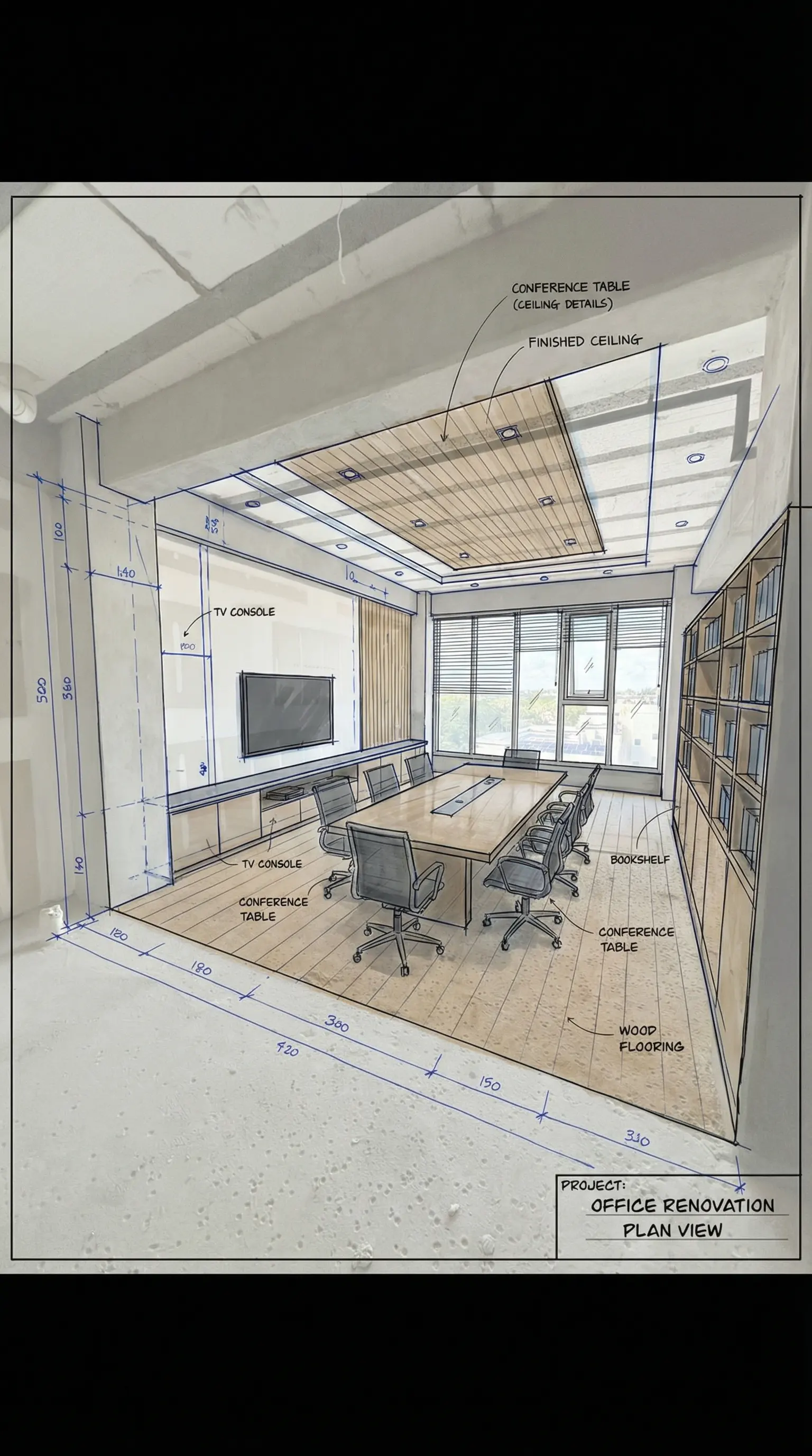 Boceto técnico de la misma sala de juntas con medidas