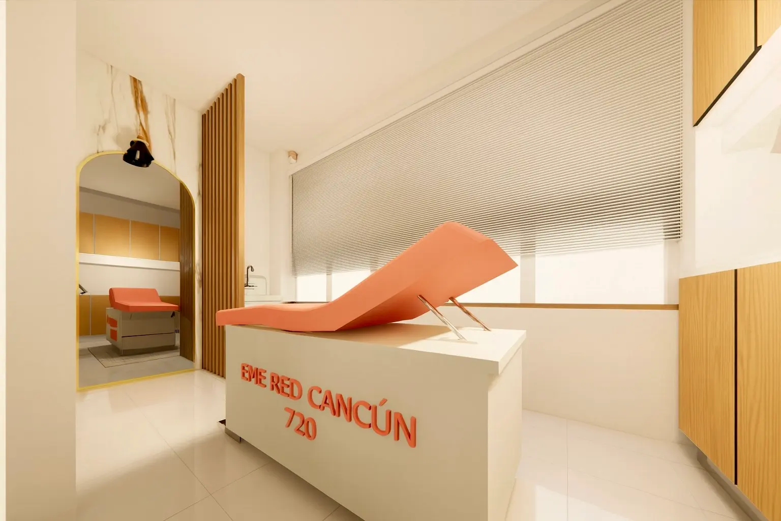Recepción de consultorio con mostrador naranja y letrero EME Red Cancún 720