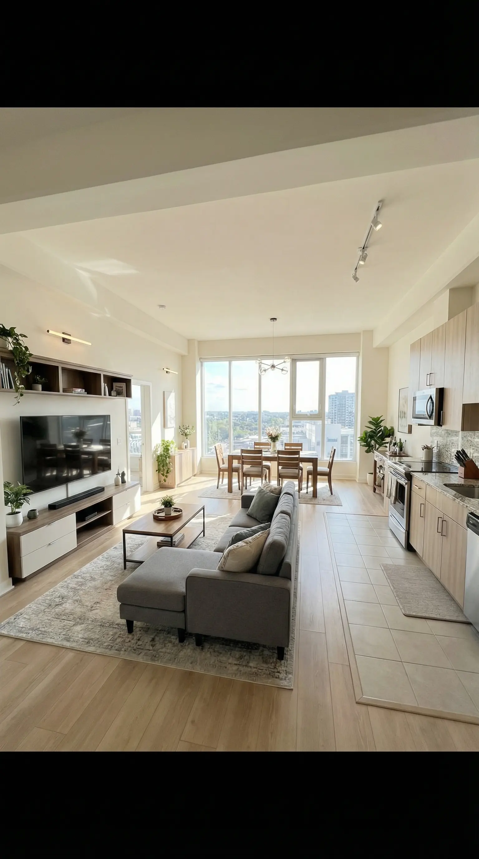 Departamento con sala, cocina y ventanal